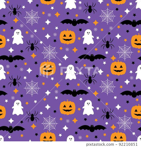 Seamless pattern with pumpkins, bats, spider, ghost. Halloween background. Vector illustration. Seamless pattern with pumpkins, bats, spider, ghost. Halloween background. Vector illustration. 92210851