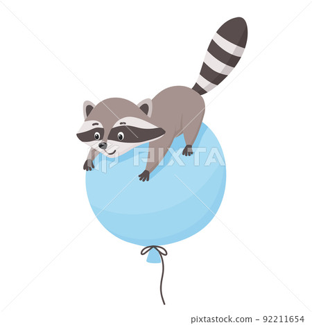 Cute little raccoon flies on balloon. in cartoon style. Vector illustration in cartoon style isolated on white background Cute little raccoon flies on balloon. in cartoon style. Vector illustration in cartoon style isolated on white background 92211654