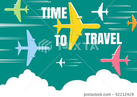 Time To Travel Flight Banner. Airplanes in the sky, silhouette 92212429