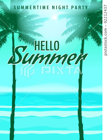 Hello Summer party poster design template, flyer. Summertime beach background with palms 92212437