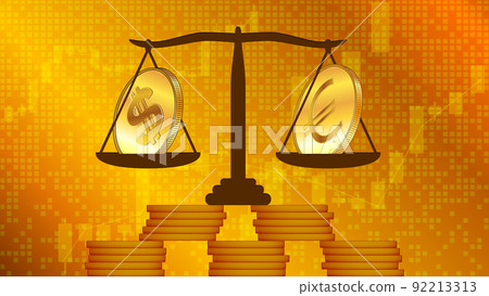 American dollar USD and Euro EUR on scales on stack of coins on golden background. Exchange rates are almost equal and who is now leader is not clear. 92213313