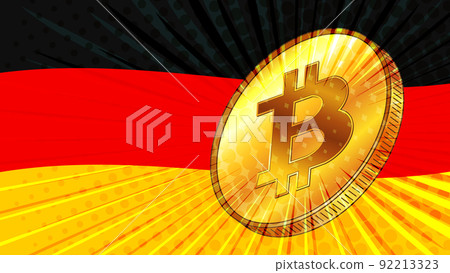 Gold coin of Bitcoin BTC and colored flag of Germany on background. Central Bank of Deutschland adopts laws on mining and digital assets. Gold coin of Bitcoin BTC and colored flag of Germany on background. Central Bank of Deutschland adopts laws on mining and digital assets. 92213323