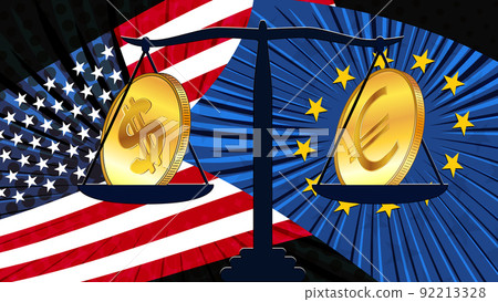Gold coins of american dollar USD and Euro EUR on scales with colored national flags of America and Europe. Exchange rates are almost equal and who is now leader is not clear. 92213328