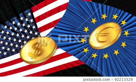 Gold coins of american dollar USD and Euro EUR with colored national flags of America and Europe. Exchange rates are almost equal and who is now leader is not clear. 92213329