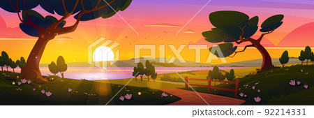 Cartoon nature landscape, summer sunset background Cartoon nature landscape, summer sunset background 92214331