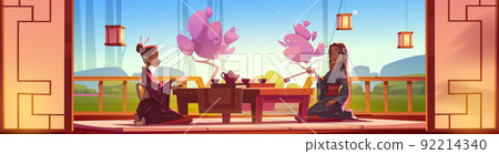 Tea ceremony on wooden terrace, japanese women 92214340