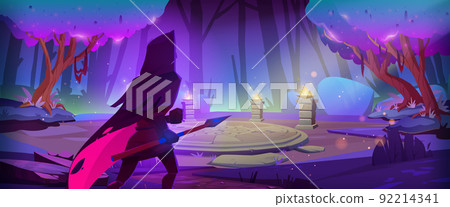 Fantasy ranger in cape with spear in night forest 92214341