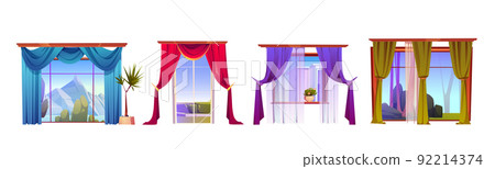 Windows with curtains and outside view, decoration Windows with curtains and outside view, decoration 92214374