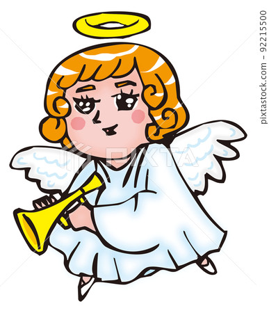 An angel flying around with a hand on a trumpet An angel flying around with a hand on a trumpet 92215500