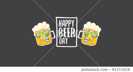 International beer day horizontal banner or summer poster with vector funky beer character isolated on grey background. Vector Cartoon funny International beer day label and poster International beer day horizontal banner or summer poster with vector funky beer character isolated on grey background. Vector Cartoon funny International beer day label and poster 92215828