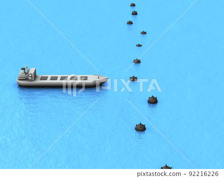 A sea route blocked by a mine. The mines are lined up without gaps to prevent ships from passing through. A sea route blocked by a mine. The mines are lined up without gaps to prevent ships from passing through. 92216226