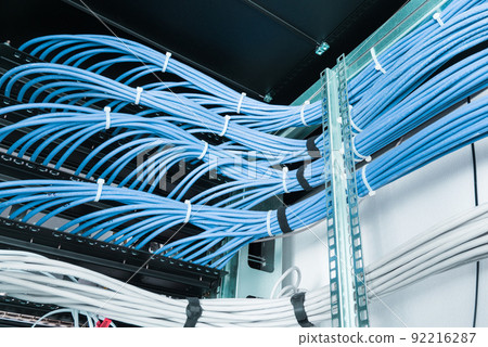 bunch of patch network cables sorted in rack cabinet, leading from patch panel in the server rack in the data center room 92216287