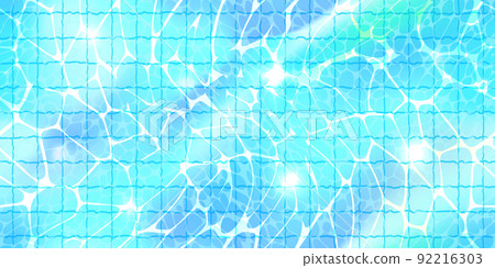 Empty swimming pool top view seamless texture with sunlight glare reflect, caustic ripples and tiled floor 92216303