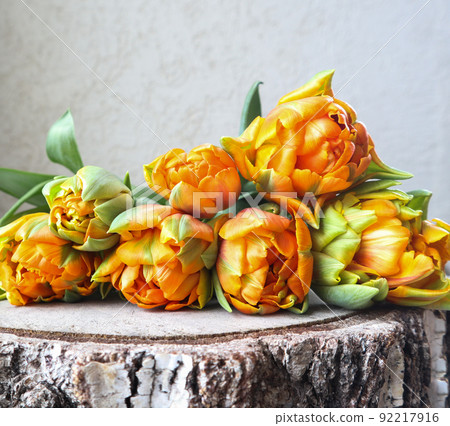 Beautiful orange tulips on wooden backdrop. Perfect for background greeting card 92217916