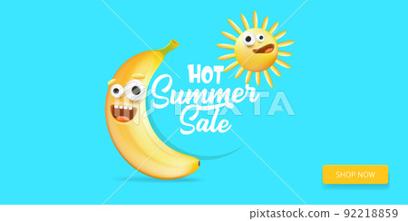 Summer sale funny horizontal banner with cartoon sun and funky banana character isolated on summer blue background. Vector 3d horizontal summer hot sale poster, flyer, banner, tag and background Summer sale funny horizontal banner with cartoon sun and funky banana character isolated on summer blue background. Vector 3d horizontal summer hot sale poster, flyer, banner, tag and background 92218859