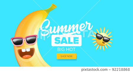 Summer sale funny horizontal banner with cartoon sun and funky banana character isolated on summer blue background. Vector 3d horizontal summer hot sale poster, flyer, banner, tag and background 92218868