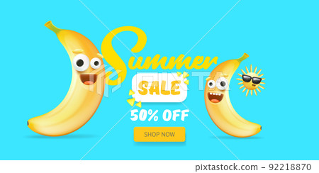 Summer sale funny horizontal banner with cartoon sun and funky banana character isolated on summer blue background. Vector 3d horizontal summer hot sale poster, flyer, banner, tag and background 92218870
