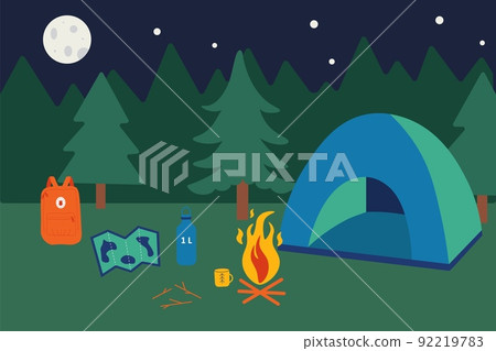 Camping in forest. Night nature landscape. Touristic tent and campfire. Travel map. Backpack and mug. Nighttime scenery campground. Adventure hiking tourism. Vector empty campsite panorama background Camping in forest. Night nature landscape. Touristic tent and campfire. Travel map. Backpack and mug. Nighttime scenery campground. Adventure hiking tourism. Vector empty campsite panorama background 92219783