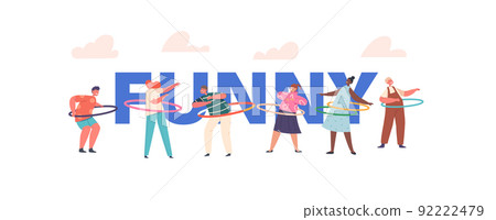 Funny Kids Concept Poster, Children Characters Exercise with Hula Hoop Rolling on Waist. Summertime Recreation, Activity 92222479