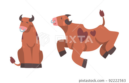 Brown spotted bull sitting and jumping, ox farm animal cartoon vector illustration 92222563