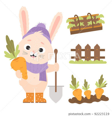 Character rabbit farmer with carrots. Farming set with cute bunny in rubber boots, hat and scarf with shovel. Greenhouse with seedlings, wooden fence and bed of earth with carrot. Vector illustration Character rabbit farmer with carrots. Farming set with cute bunny in rubber boots, hat and scarf with shovel. Greenhouse with seedlings, wooden fence and bed of earth with carrot. Vector illustration 92223119