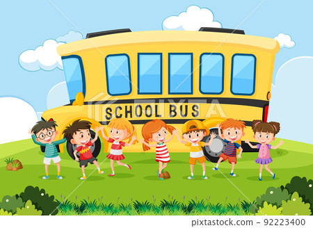 Happy students and school bus background Happy students and school bus background 92223400