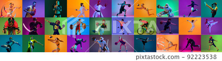 Sport collage of professional athletes on gradient multicolored neoned background. Concept of motion, action, active lifestyle, achievements, challenges 92223538