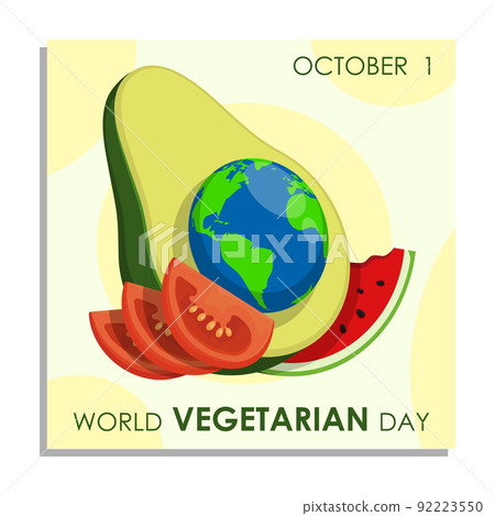 World Vegetarian Day. Festive paper poster with halves of avocado fruit, tomatoes and watermelon. Flat vector illustration 92223550