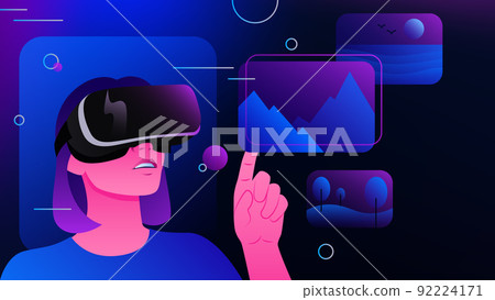 Woman Choosing Pictures in Metaverse. Graphic Virtual Reality Illustration Woman Choosing Pictures in Metaverse. Graphic Virtual Reality Illustration 92224171