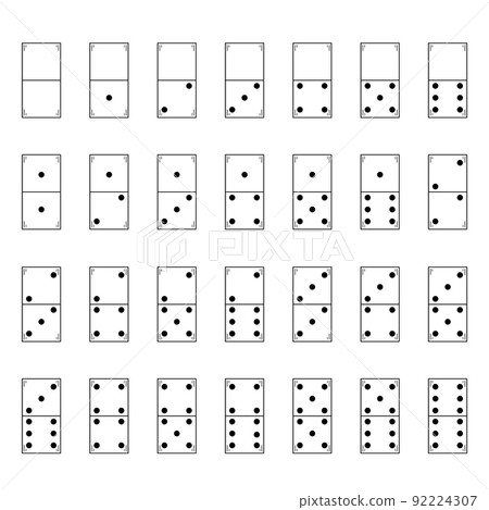Hand drawn domino set consisting of 28 knuckles. Game is sports and for entertainment. Doodle style. Vector. 92224307
