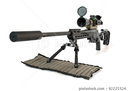 A sniper rifle with an optical sight under the bipod mat A sniper rifle with an optical sight under the bipod mat 92225324