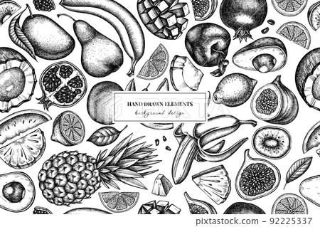 Fruits seamless pattern background design. Engraved style. Hand drawn bananas, pears, kiwi etc. Fruits seamless pattern background design. Engraved style. Hand drawn bananas, pears, kiwi etc. 92225337
