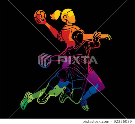 Group of Handball Players Male and Female Mix Action Cartoon Sport Graphic Vector 92226089