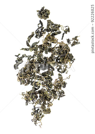 Dry gynostemma pentaphyllum leaf isolated on white blackground. Jiaogulan or Miracle grass. Chinese herbal tea. Top view. Dry gynostemma pentaphyllum leaf isolated on white blackground. Jiaogulan or Miracle grass. Chinese herbal tea. Top view. 92226825