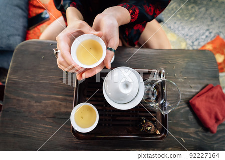 Top view tea set a wooden table for tea ceremony background. Top view tea set a wooden table for tea ceremony background. 92227164