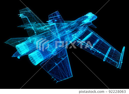 Military Jet from x-ray polygonal line. Air plane in motion, lines and connected to 3d form. 3d rendering Military Jet from x-ray polygonal line. Air plane in motion, lines and connected to 3d form. 3d rendering 92228063