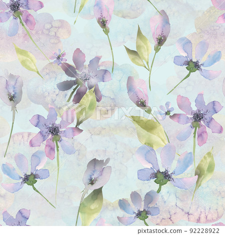 Watercolor illustration of lilac simple flowers and leaves. Seamless pattern, light, airy, spring. For fabric, textiles, prints, clothing, scrapbooking, wallpaper. 92228922