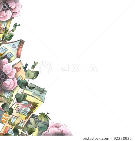 A frame with cute houses, anemone flowers and eucalyptus. Watercolor illustration with sketch-style graphic elements. A board from a large set of PARIS. For decoration, design of souvenirs, booklets. A frame with cute houses, anemone flowers and eucalyptus. Watercolor illustration with sketch-style graphic elements. A board from a large set of PARIS. For decoration, design of souvenirs, booklets. 92228923