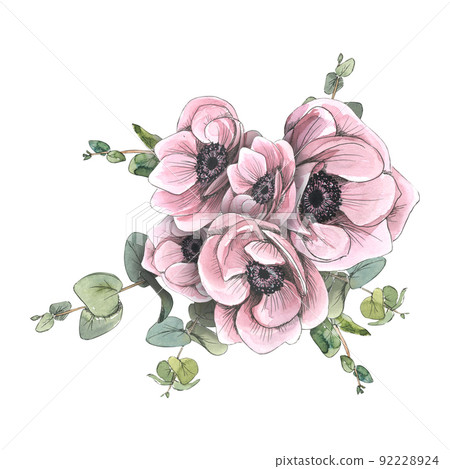 Anemone flowers with eucalyptus flowers. Watercolor illustration in sketch style with graphic elements. Composition from a large set of PARIS. For the design and decoration of prints, invitations Anemone flowers with eucalyptus flowers. Watercolor illustration in sketch style with graphic elements. Composition from a large set of PARIS. For the design and decoration of prints, invitations 92228924