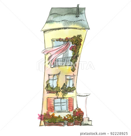 Cute house, watercolor sketch style with graphic elements, cartoon. Illustration of an isolated object from a large set of PARIS. For the design, design and composition of books, postcards, booklets. Cute house, watercolor sketch style with graphic elements, cartoon. Illustration of an isolated object from a large set of PARIS. For the design, design and composition of books, postcards, booklets. 92228925