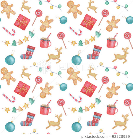 Watercolor Seamless pattern isolated on white background. Christmas cute elements on white. Watercolor Seamless pattern isolated on white background. Christmas cute elements on white. 92228929