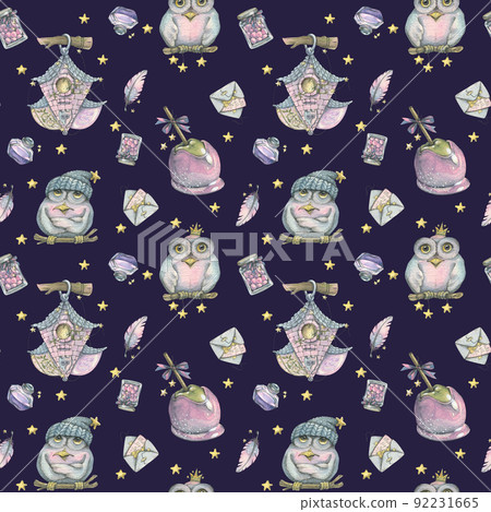 Magic owls with a house, sweets and letters. A fabulous, cute children's pattern. Seamless. Watercolor illustration. For fabric, textiles, wallpaper, wrapping paper, cover, poster, clothing, bedroom. Magic owls with a house, sweets and letters. A fabulous, cute children's pattern. Seamless. Watercolor illustration. For fabric, textiles, wallpaper, wrapping paper, cover, poster, clothing, bedroom. 92231665