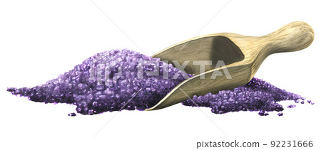 Wooden scoop with slides of lavender bath salt. Watercolor Illustration. The composition of a large set of LAVENDER SPA. For the design and decoration of cosmetics, labels, salon menus, descriptions. 92231666