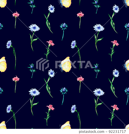 Meadow flowers with butterflies watercolor seamless pattern on dark Meadow flowers with butterflies watercolor seamless pattern on dark 92231717