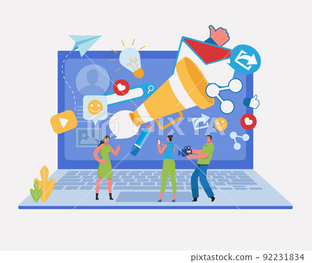 Digital marketing strategy team. Content manager. Flat cartoon character graphic design. 92231834