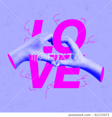 Creative colorful design. Female hands making symbol of love - heart gesture isolated on purple background Creative colorful design. Female hands making symbol of love - heart gesture isolated on purple background 92233073