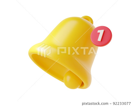 Notification bell icon 3d render - cute cartoon illustration of simple yellow bell with number one. Notification bell icon 3d render - cute cartoon illustration of simple yellow bell with number one. 92233077