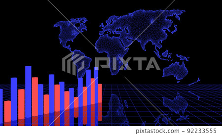 3d graph of the growth and fall of the global market against the background of a neon map of the world. Economy, business, profit, money, finance concept. 3d graph of the growth and fall of the global market against the background of a neon map of the world. Economy, business, profit, money, finance concept. 92233555