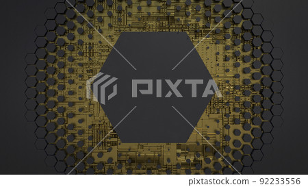 3d hexagon abstract background. Black grid honeycomb texture digital futuristic surface. Technology, computers, network concept 92233556