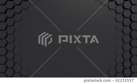 3d hexagon abstract background. Black grid honeycomb texture digital futuristic surface. Technology, computers, network concept 92233557